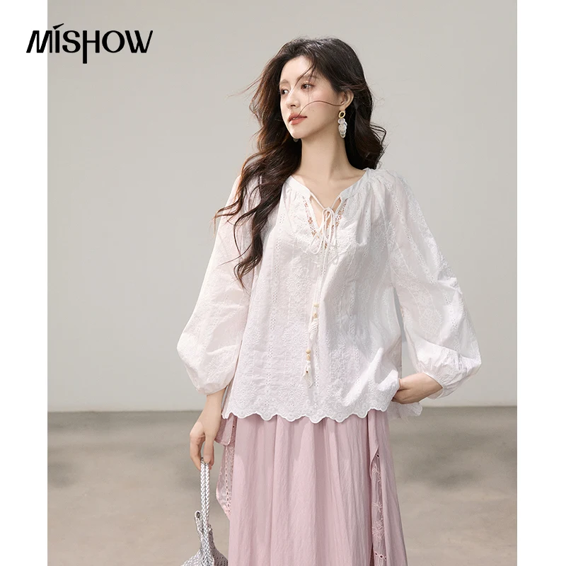 

MISHOW Embroidered Hollow Out Blouse Spring 100 Cotton Lace-up V-neck Puff Sleeve Top Scallop Hem Casual Loose Shirts MXF16X2569