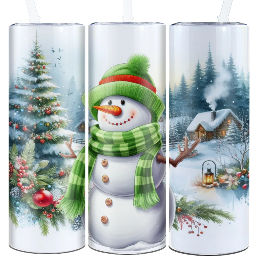 1Pc Water Bottle Straw Lid 20oz Large Capacity Stainless Straight Water Cups 3D Print Snowman Outdoor Travel Mug Festive Gifts