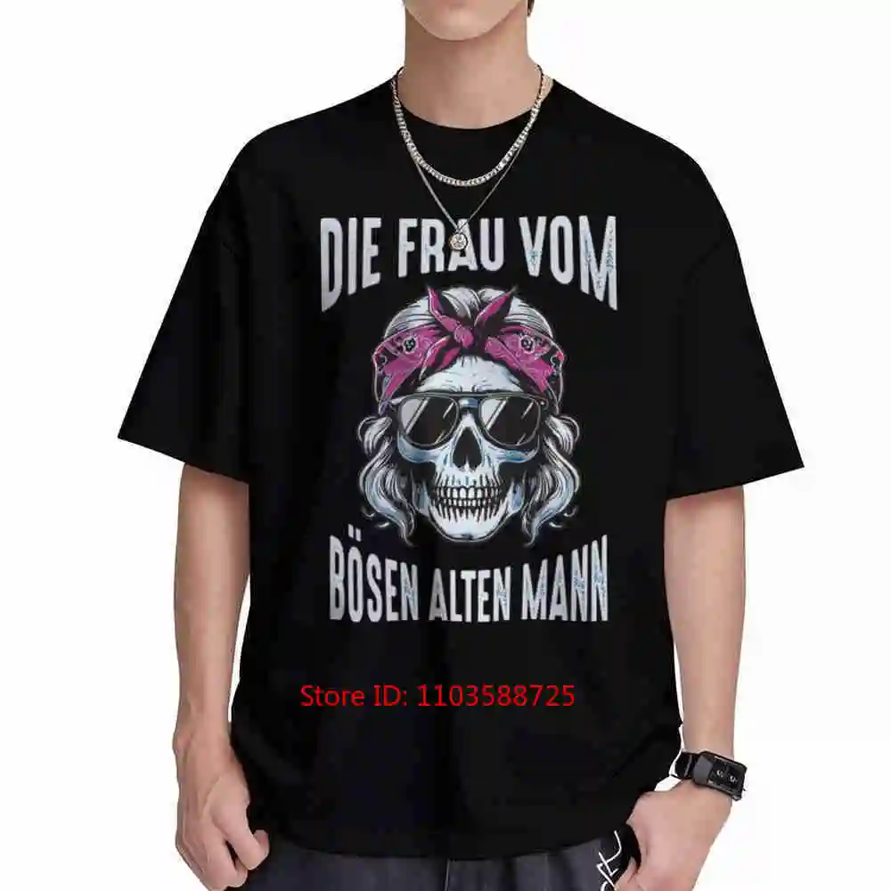 Camiseta gótica Die Frau Vom Bosen Alten Mann con texto en alemán, bandana rosa, calavera, manga corta, 100% algodón