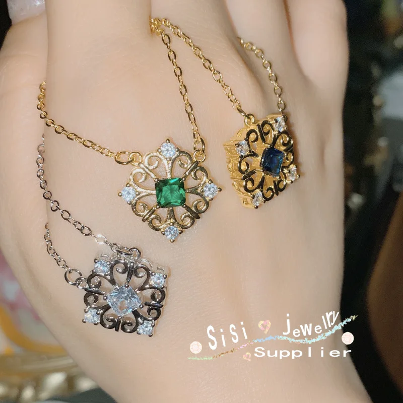 

ML-YSS Moissanite Style Sisi ins hip multi-layer emerald chain 18k medieval design micro-set blue corundum pendant