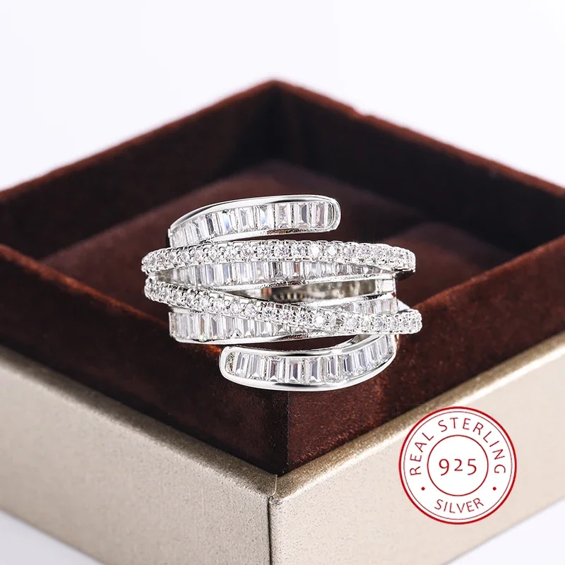 High Quality Interwoven Geometric White Zircon Ring 925 Silver for Ladies Men Wedding Party Engagement Jewelry Gift