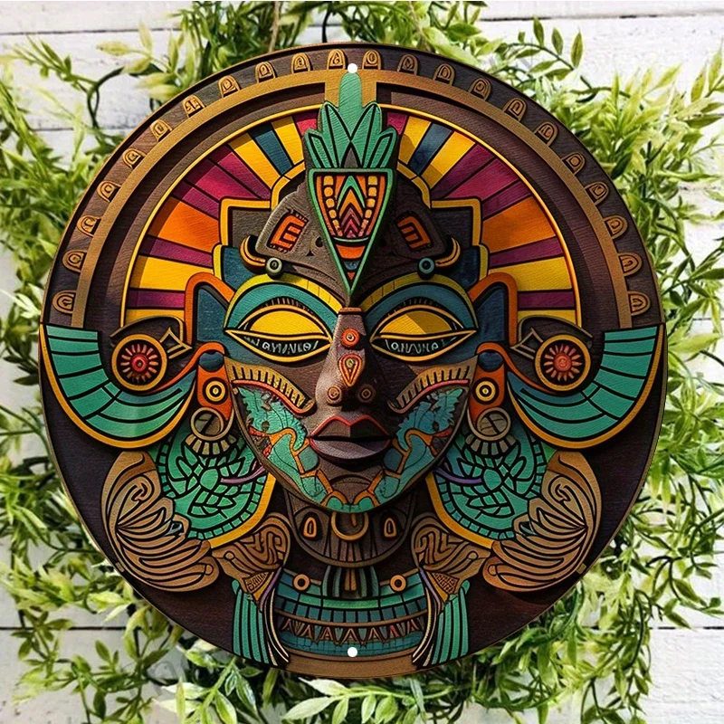 

Round Aluminum Wall Sign, Colorful Aztec Design, UV and Scratch Resistant, Easy-Hang Door Decor, Decorative Wall Poster