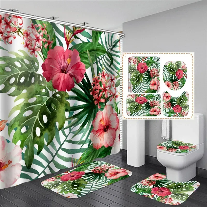 Big Flowers Elegant Pink Rose Green Leaves Waterproof Shower Curtain Anti Slip Toilet Lid Mat Set High Quality Bathroom Rugs