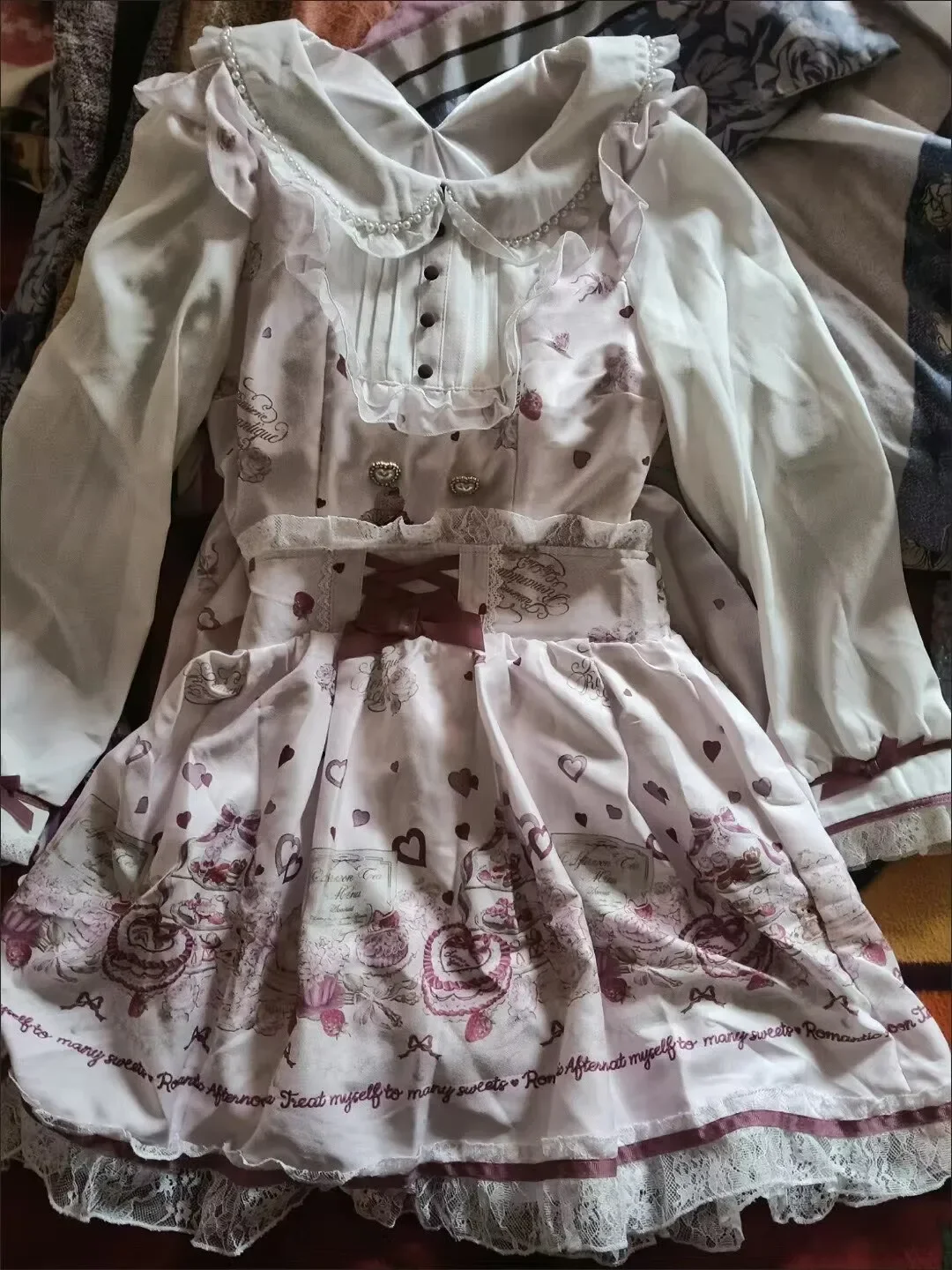 Japanese Kawaii Rhinestone Bow Dress Set Women's Lolita Cartoon Print Lace Pearl Shirt Dress Gothic Y2K Festival Outfit Dress
