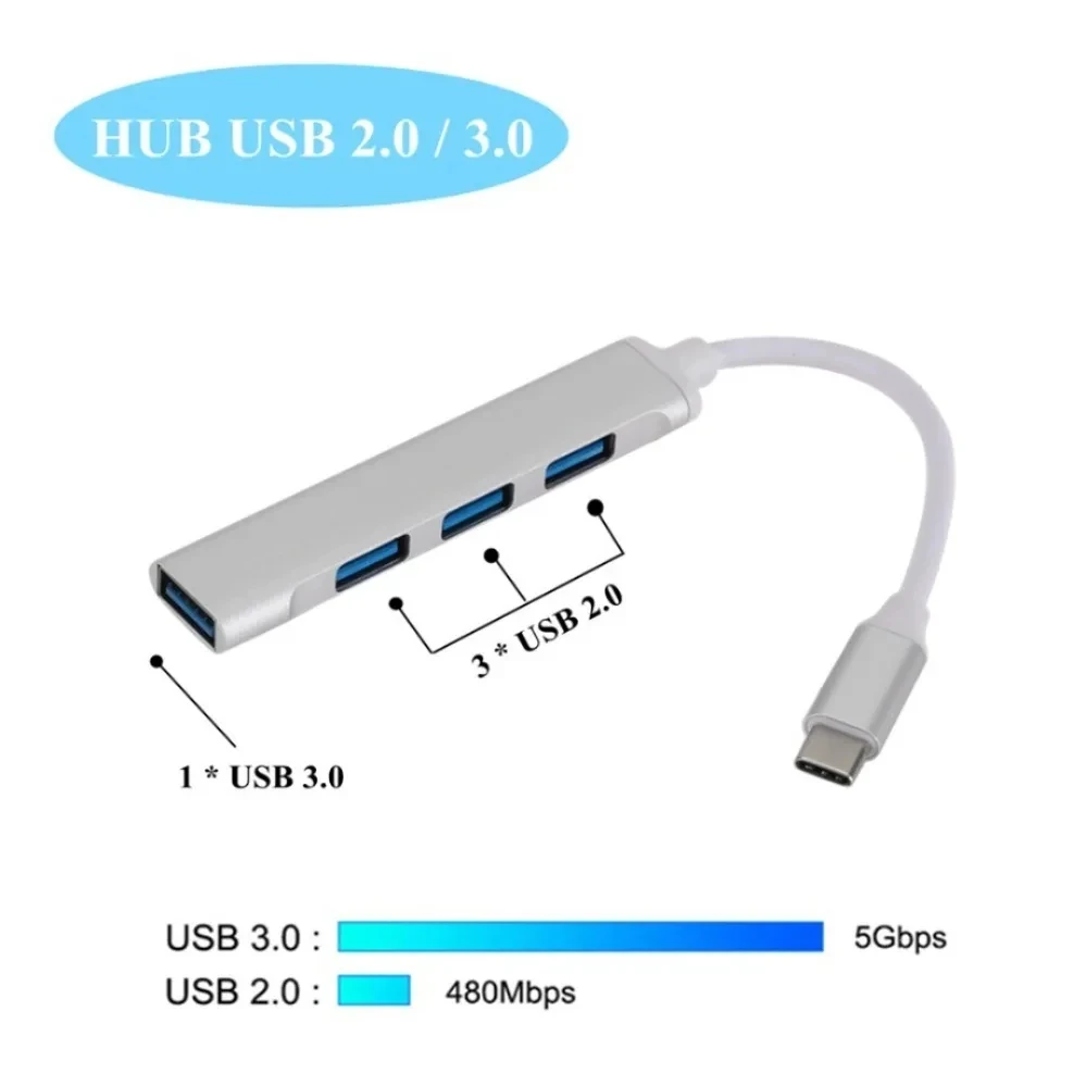 Mini USB Type C Hub 4Port Adapter USB3.1Multi Splitter 4in1 Docking Station UltraSlim SuperSpeed Aluminum For Computer Laptop PC