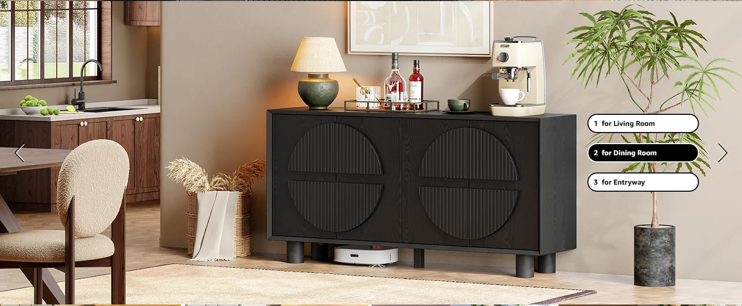 ONBRILL 63 Inch (160cm) Modern Fluted Buffet Cabinet - Storage Sideboard w/Push-Spring Doors, Entryway Dresser, Black