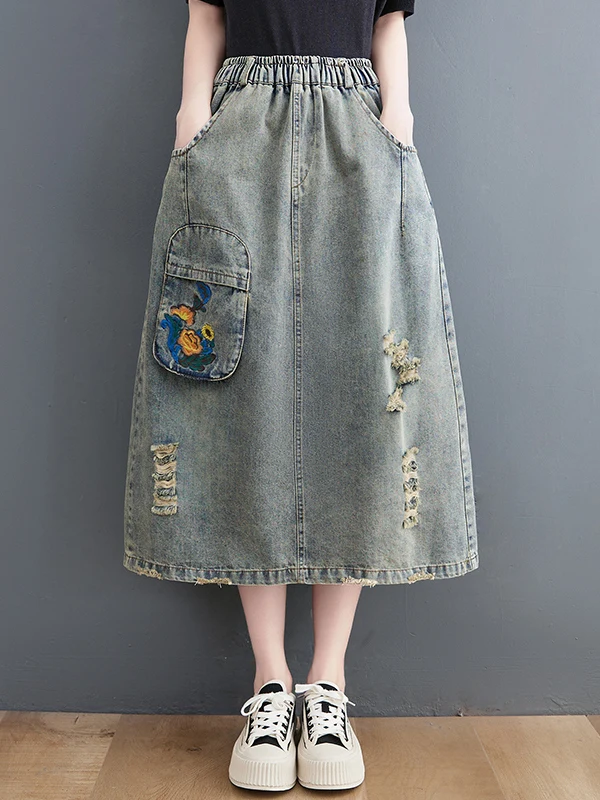 

Летняя художественная ретро-юбка из денима больших размеров, прямого кроя, А-силуэт, длинная женская юбка для повседневной носки, с вышивкой