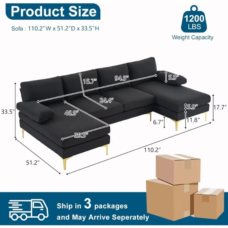 Modern U Shaped Sectional Couch with Double Chaise for Living Room,Black Deep Seat Sofa Sets 5.9