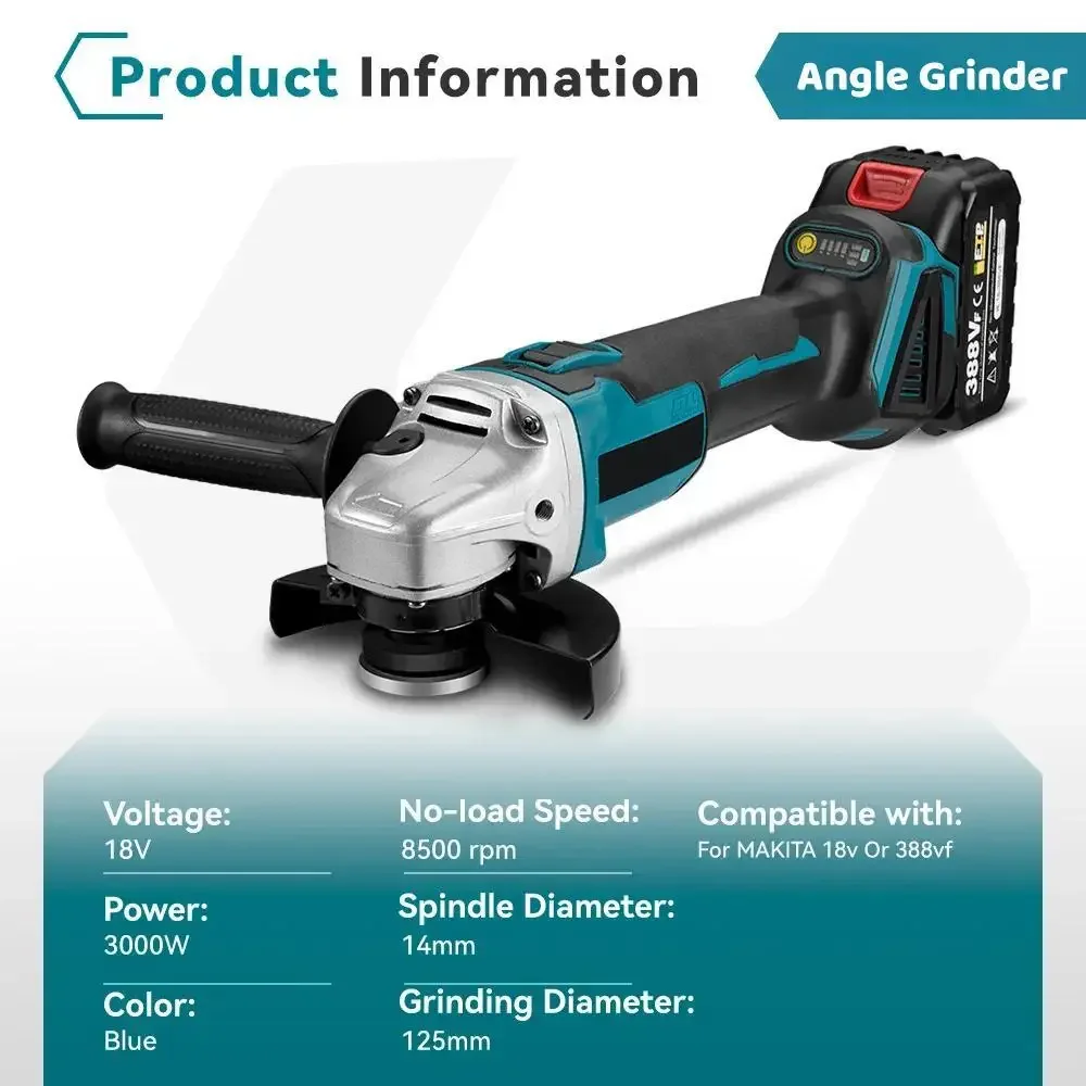 Imagem -02 - Brushless Elétrica Angle Grinder para Makita Engrenagens Brushless Variável Bateria 18v Metal Madeira Moagem Polimento Ferramenta de Corte 3000w 125 mm