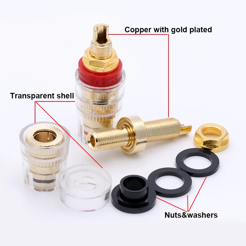 8pcs/4pairs Brass Gold Plated 4MM Binding Post HIFI Terminals Binding Banana Plug Connector for Speaker Amplifier Red+Black