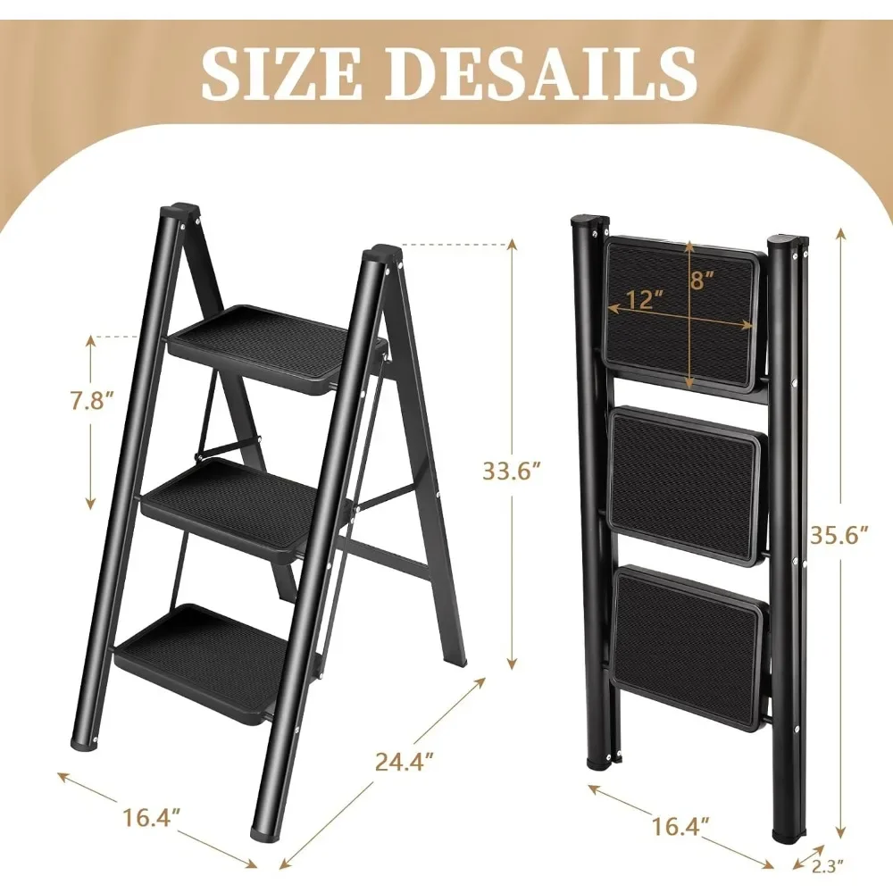 3 Step  Ladder Folding Step Stool, 330 Lbs Capacity Step Stool for Adults, Closet Stool Ladder with Anti-Slip Wide Pedals