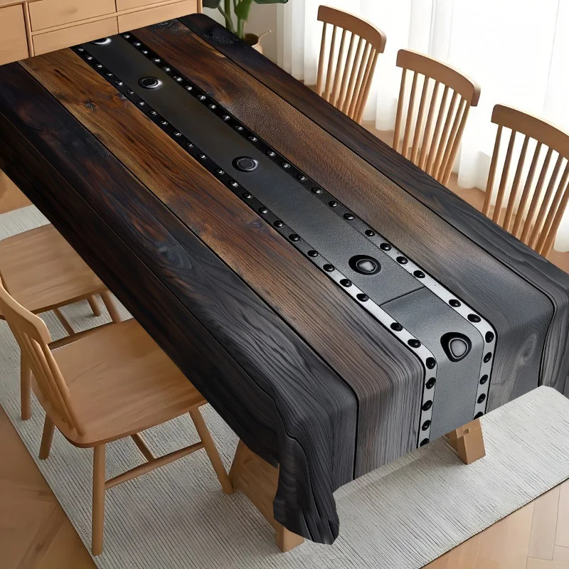 Tablecloth 1 piece - Vintage wood grain tablecloth, decorated with dark brown wood and black metal rivets..PMJ