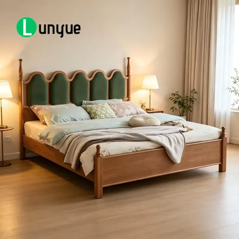 Deluxe Adjustable Ash Wood Double Bed Frame with Fabric Headboard Soft Padded Design Eco Friendly Green Filler for Bedroom