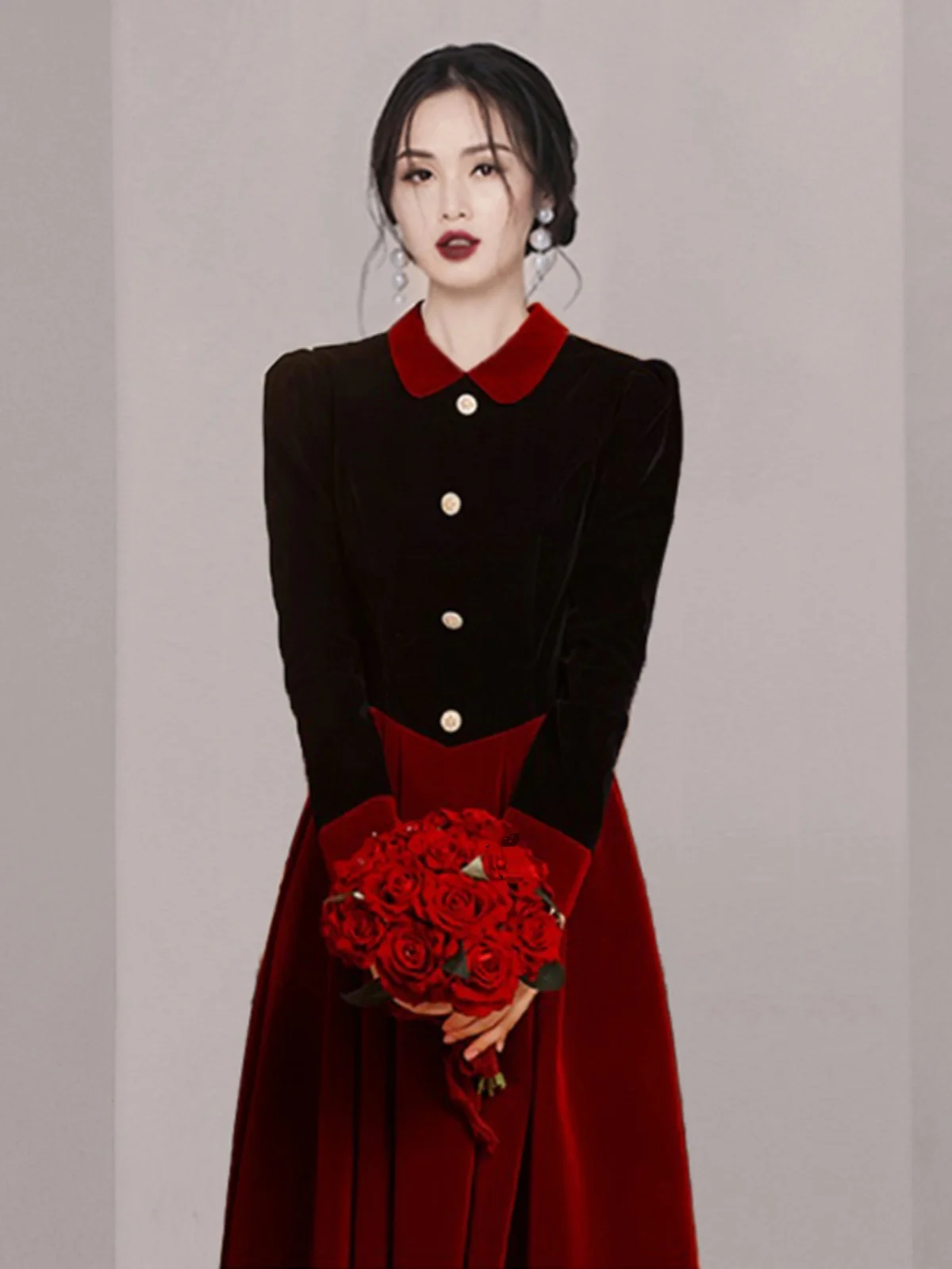 

Velvet Wedding Dr Long Sve Doll Collar New Year's Par Dr Ele Pearl Embellied A-Line Skirt for Daily Wear