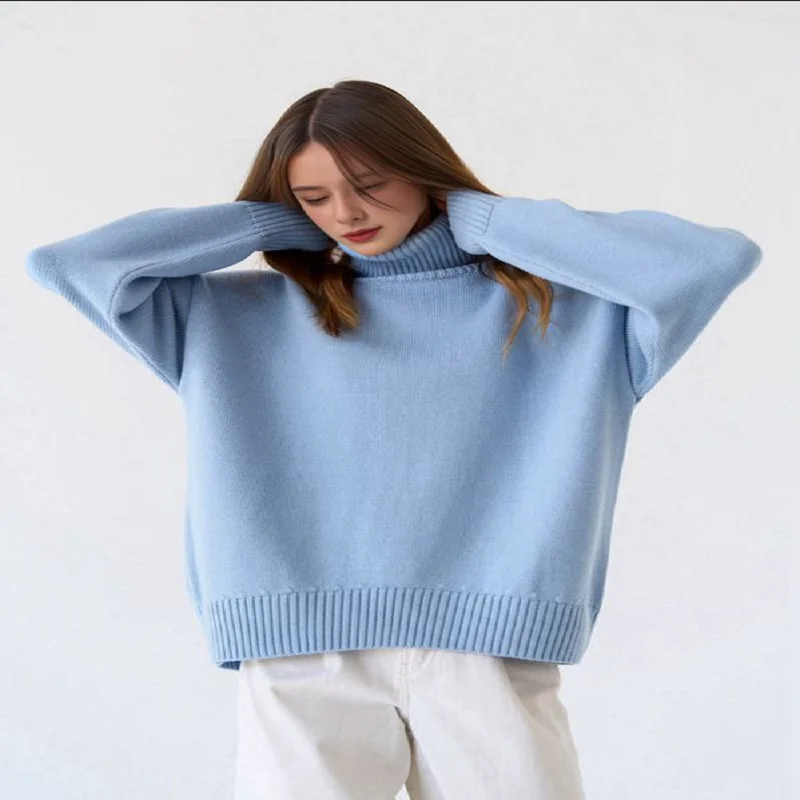 Women's Solid Color High-Neck Sweater Autumn Winter Knit Pullover Tops Oversized Knitwear Soft And Comfortable Female Clothes