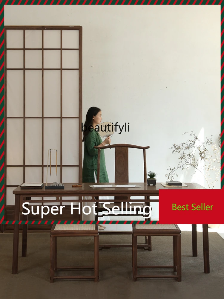 Neuer chinesischer Stil, schwarzer Walnuss-Holzschreibtisch, Massivholz-Teetisch, antike Studie, Kalligraphie-Tisch, Kalligraphie- und Maltisch G