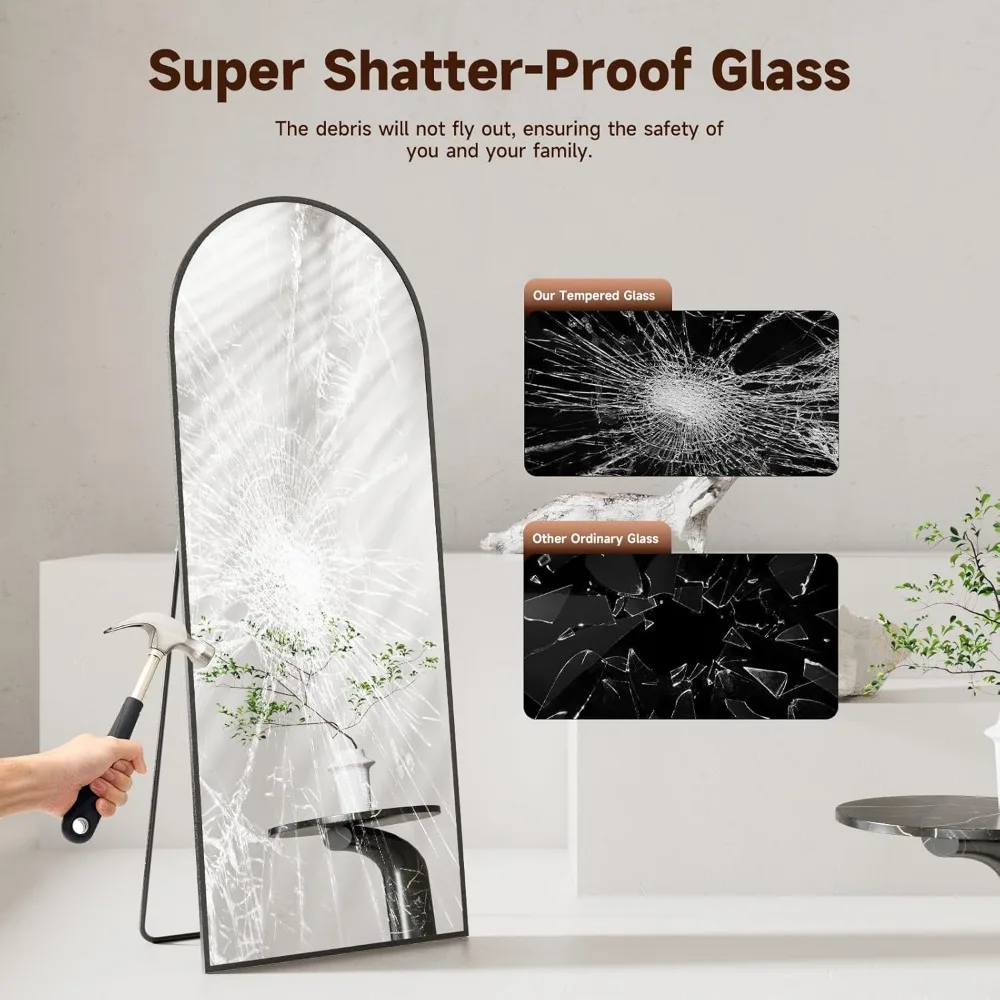 Großer bodenstehender gewölbter Spiegel, 64 x 21 schwarzes gehärtetes Glas, an der Wand montierbar, körperlange Spiegel mit Aluminiumständer