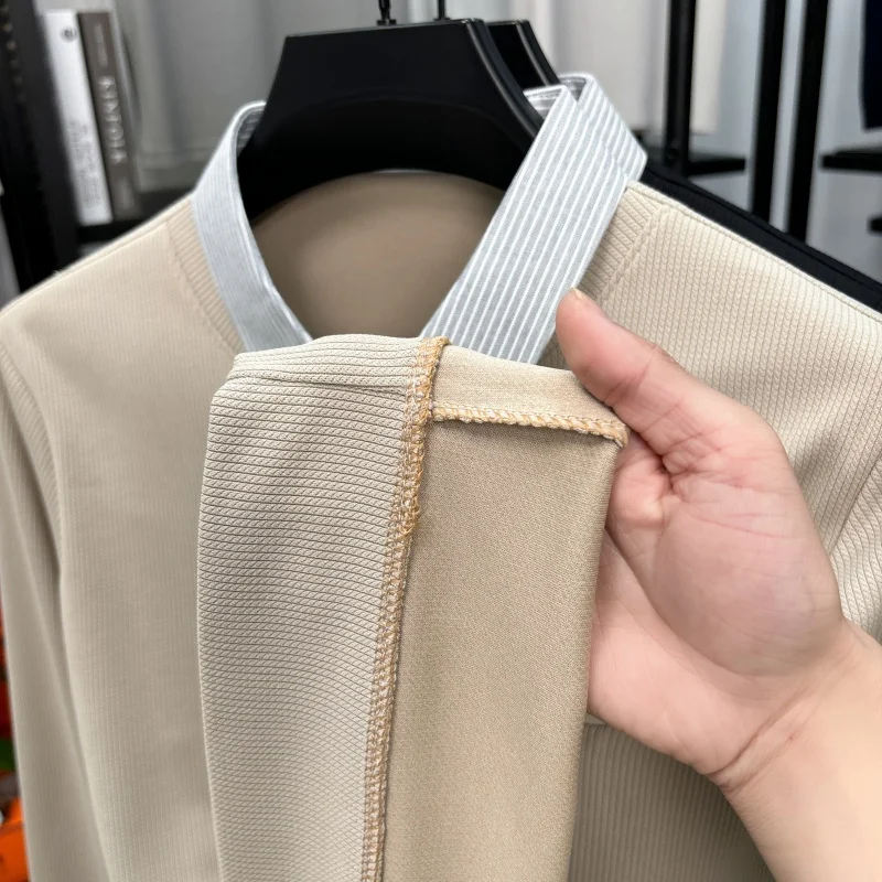 men's luxury autumn winter long sleeves false two-piece stripe lapel embroidery sweater leisure leisure business men's clothing