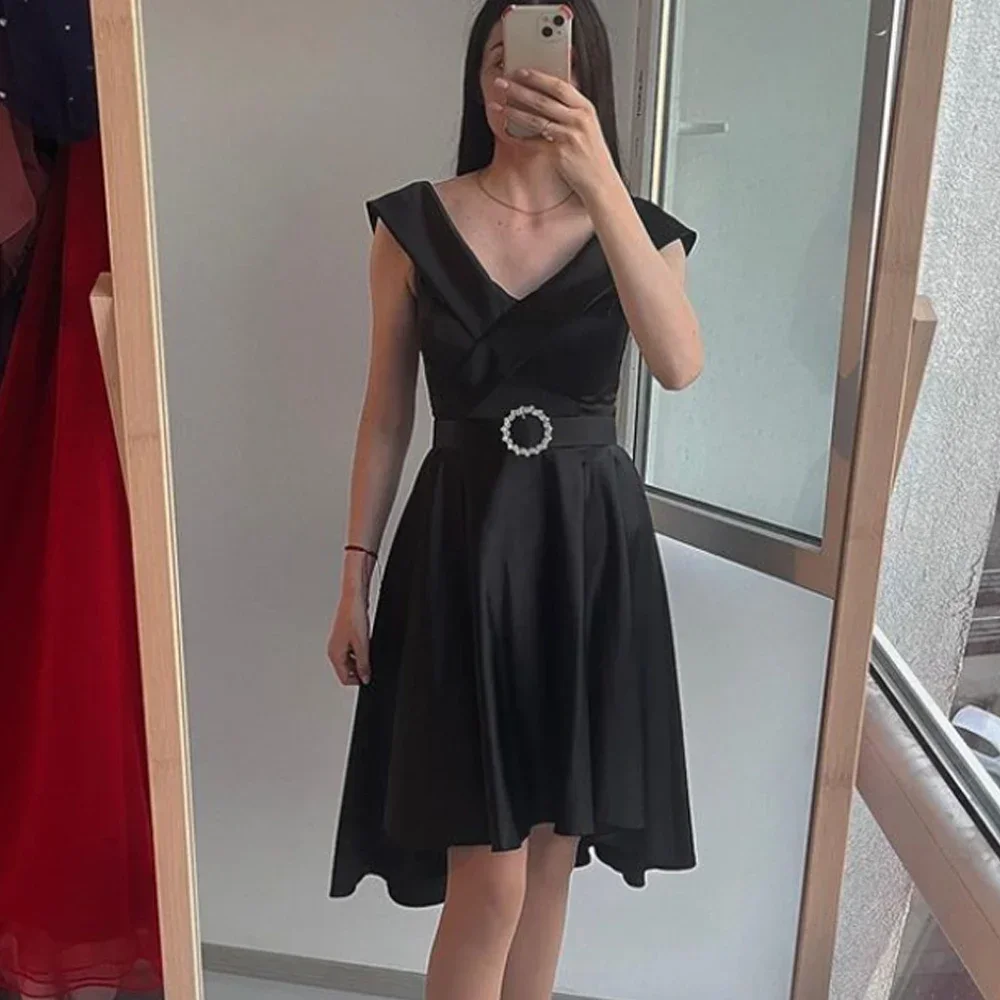 Customized Classic Retro Formal Jersey Sash Pleat A-line V-neck Mini Dress Temperament Dresses Fashion High Quality Party Gowns