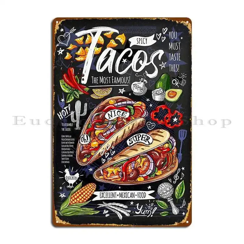 Póster de comida comida mexicana Nachos Burritos Tacos Snack placa de Metal cartel personaje decoración de pared cueva sala de estar cartel de estaño