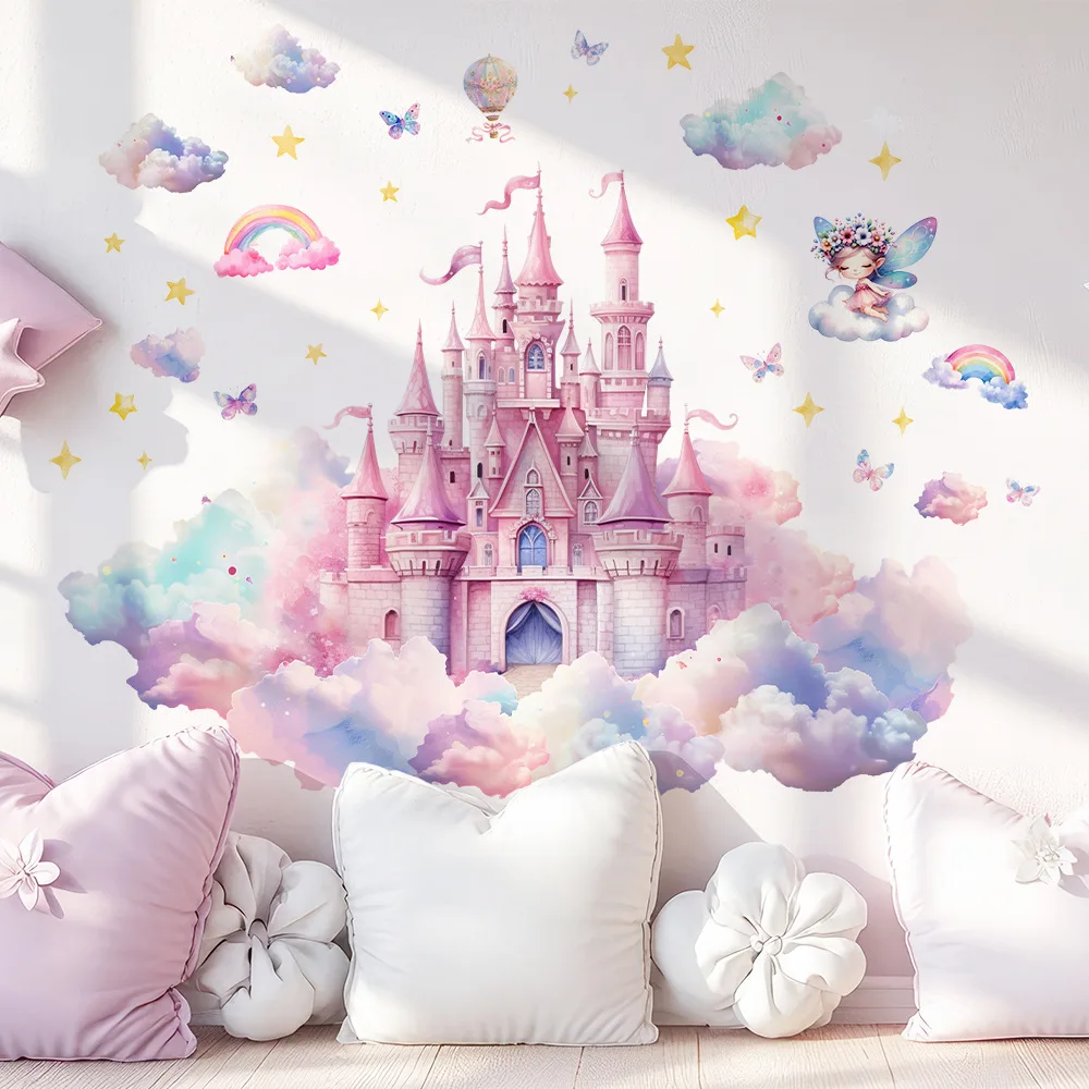 Watercolor Pink Castle Wall Stickers, Removable Rainbow Clouds Stars Butterflies Fairies Decals for Girls Bedroom Playroom