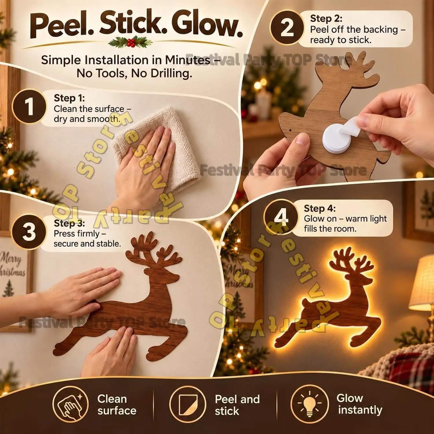 Reindeer Glow Christmas Decor LED Light up Glowing Reindeer Wall Stickers Outdoor Festive Lighting Holiday 3D Wood Decor Gift view 4