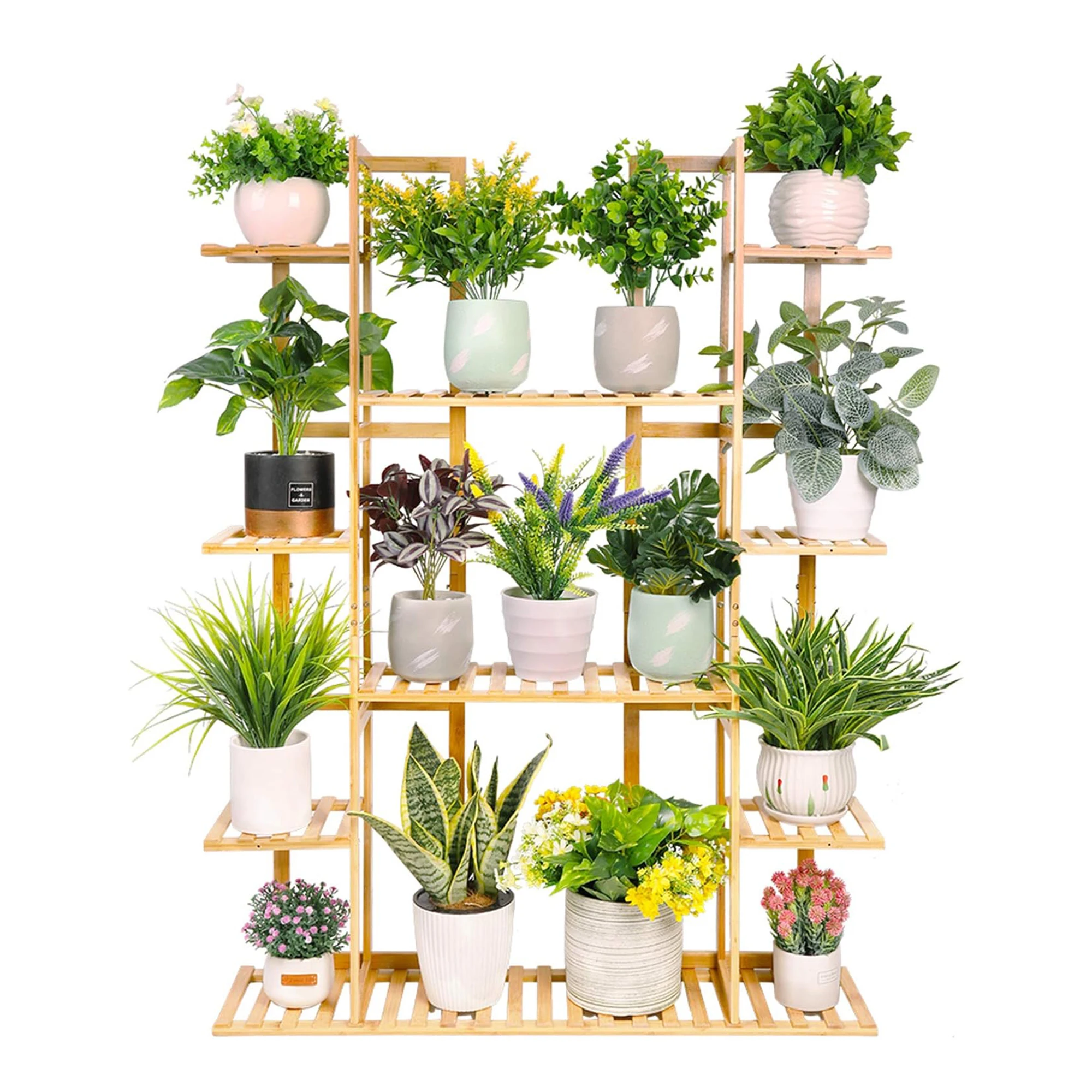 Support de présentation pour plantes en pot, écologique, à cinq niveaux, surélevé, avec support en bambou, type sur pied.