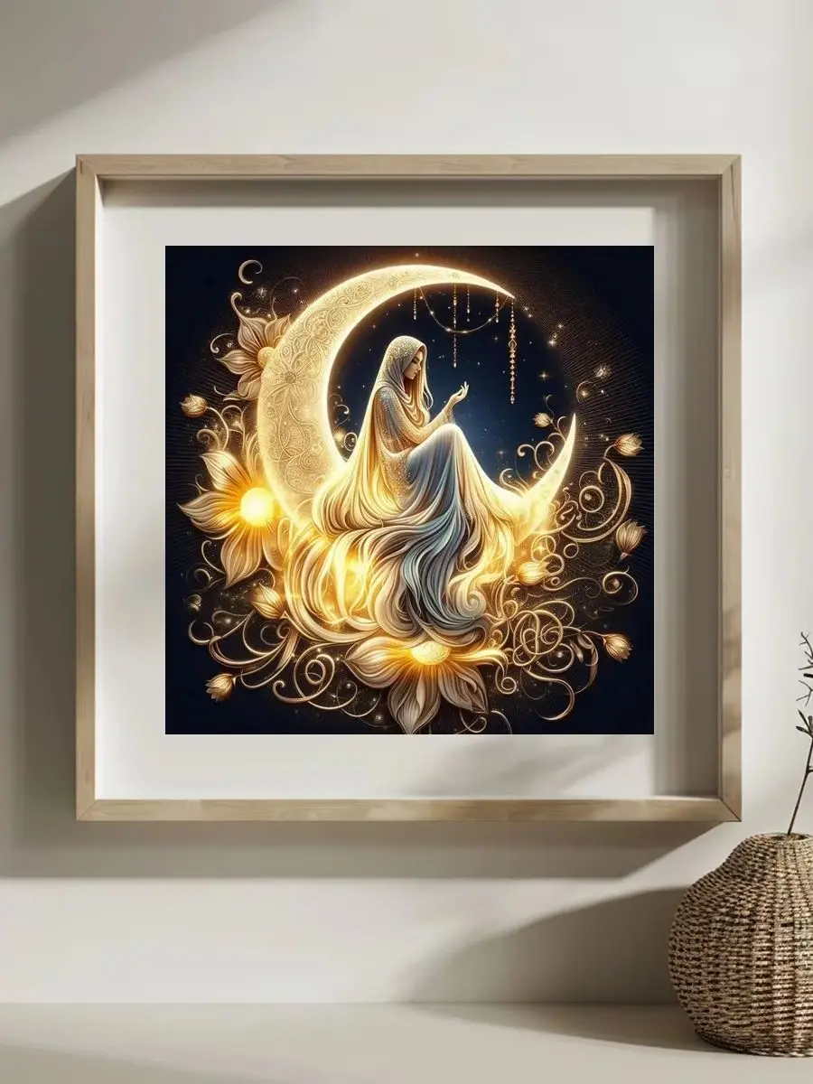 1 Stück 30x30 cm/11,8 Zoll, 11Ct/14Ct Kreuzstich-Set, DIY Valentinstagsgeschenk, Stickerei-Set für Festlichkeiten, Goldener Mond, Frau, Sterne – Detail 1