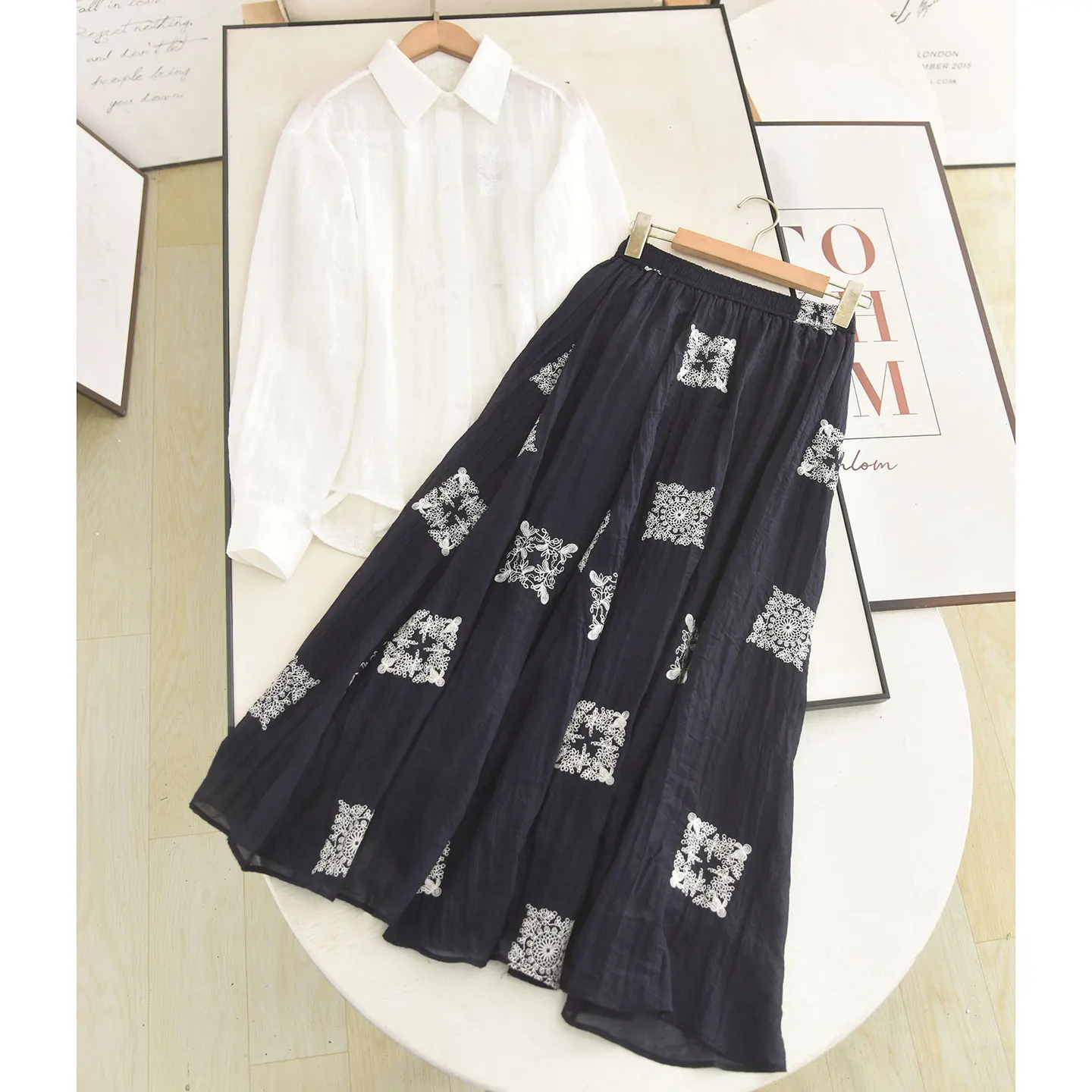 Heavy Embroidery Linen Shirt And Midi Skirt Two-Piece Set in Dark Blue for Women Summer Fashion Outfit White Textured Shirt
