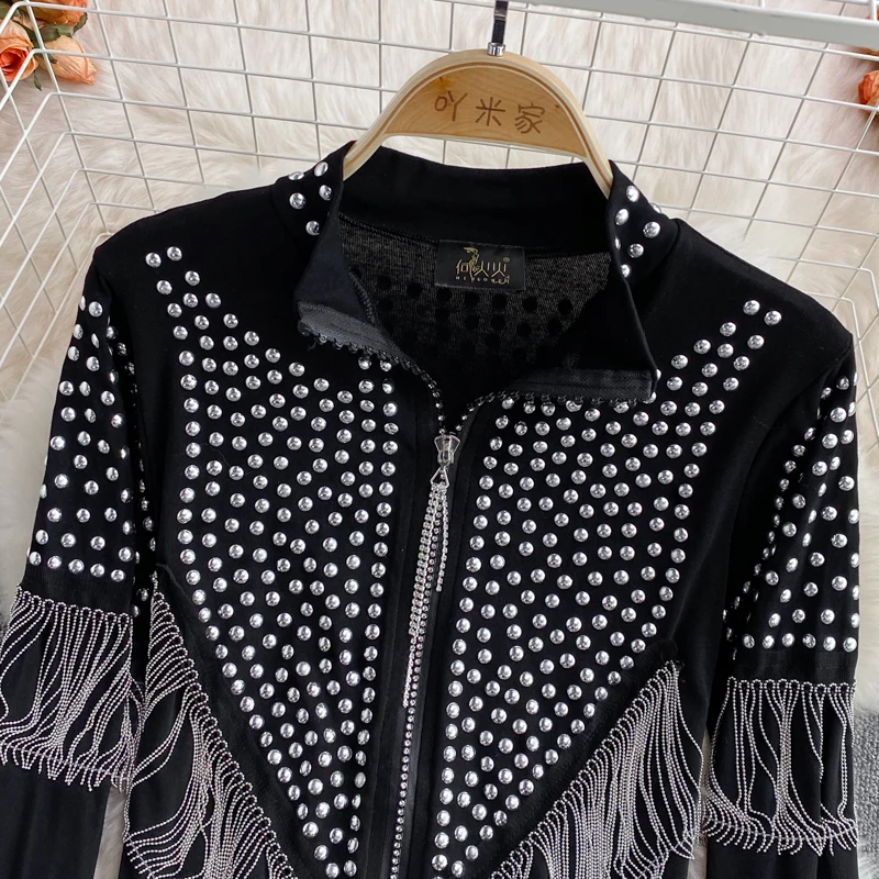 Imagem -03 - Outono Solto Hip-hop Corrente Tassel Cardigan Cabolsa Feminino Outerwear Primavera Novo Luxo de Alta Qualidade Gola Cabolsas Pretos