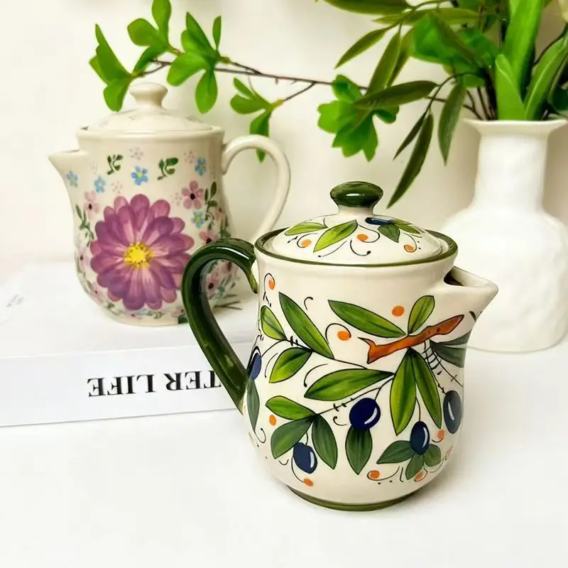 Olive Green Ceramic Flower Oil Pot Home Use Large Capacity Oil Bottle  Soy Sauce Olive Oil Storage Container Kitchen Accessories view 5