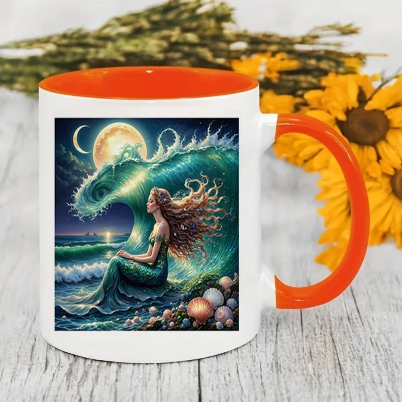 Mermaid Moon Wave Colorful Print Ceramic Coffee Mug 11oz 350ml Personalized Custom Cute Aesthetic Microwave Safe Birthday Gift O