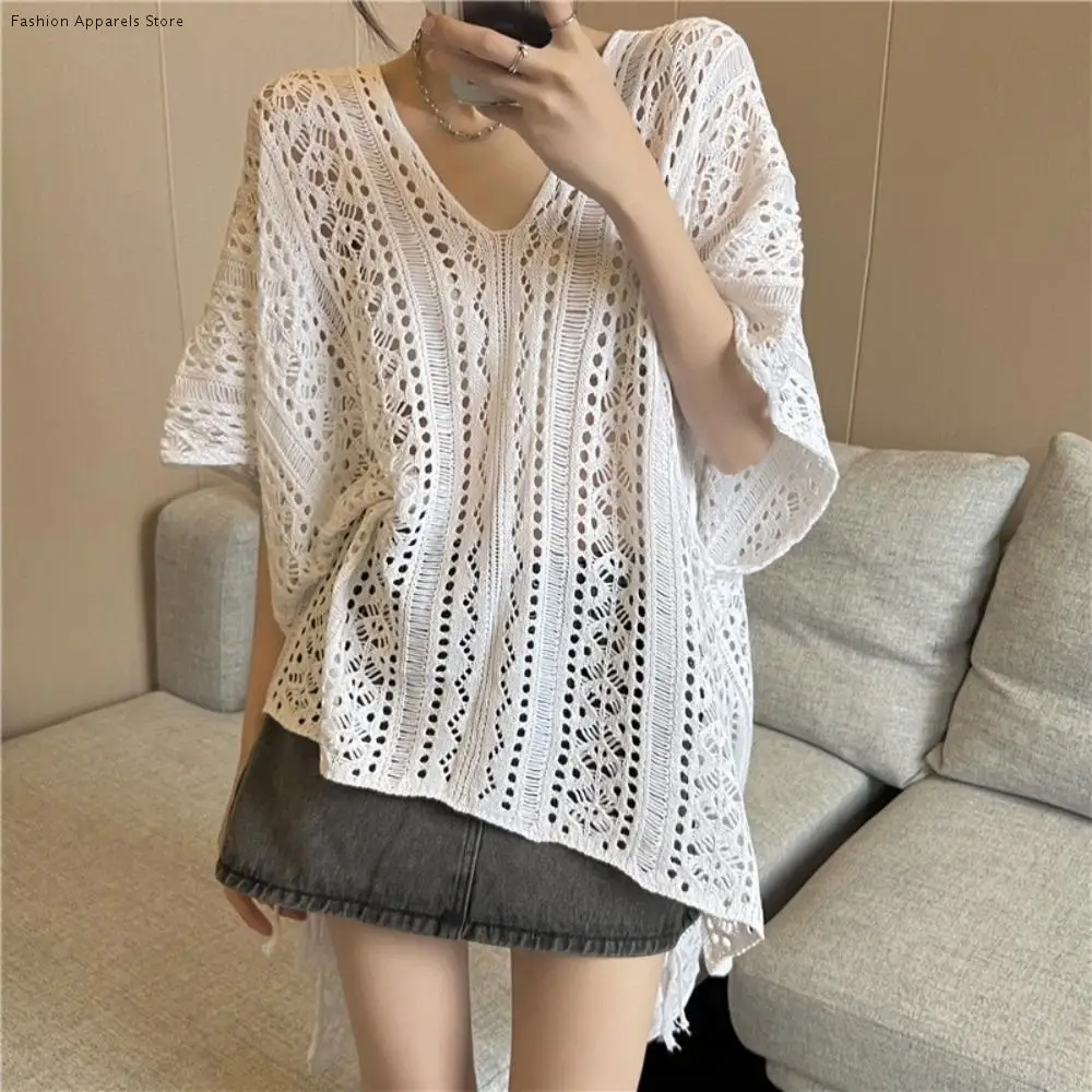 

Fashion Oversized Hollow Out Swimsuit Cover Up V-neck Loose Knitted Bikini Cover Up Bohemian Style Long Sleeve Beach Wear Pool