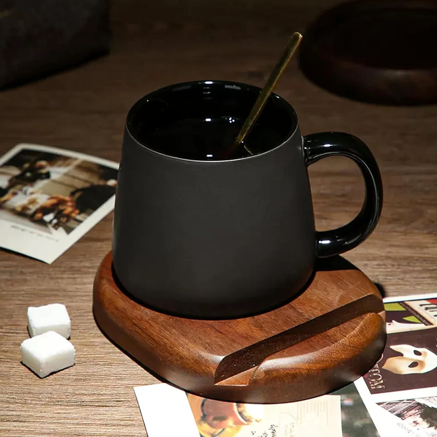 

Beautiful and practical ceramic coffee mug set with wooden saucer spoon - stunning gift for men women functional addit