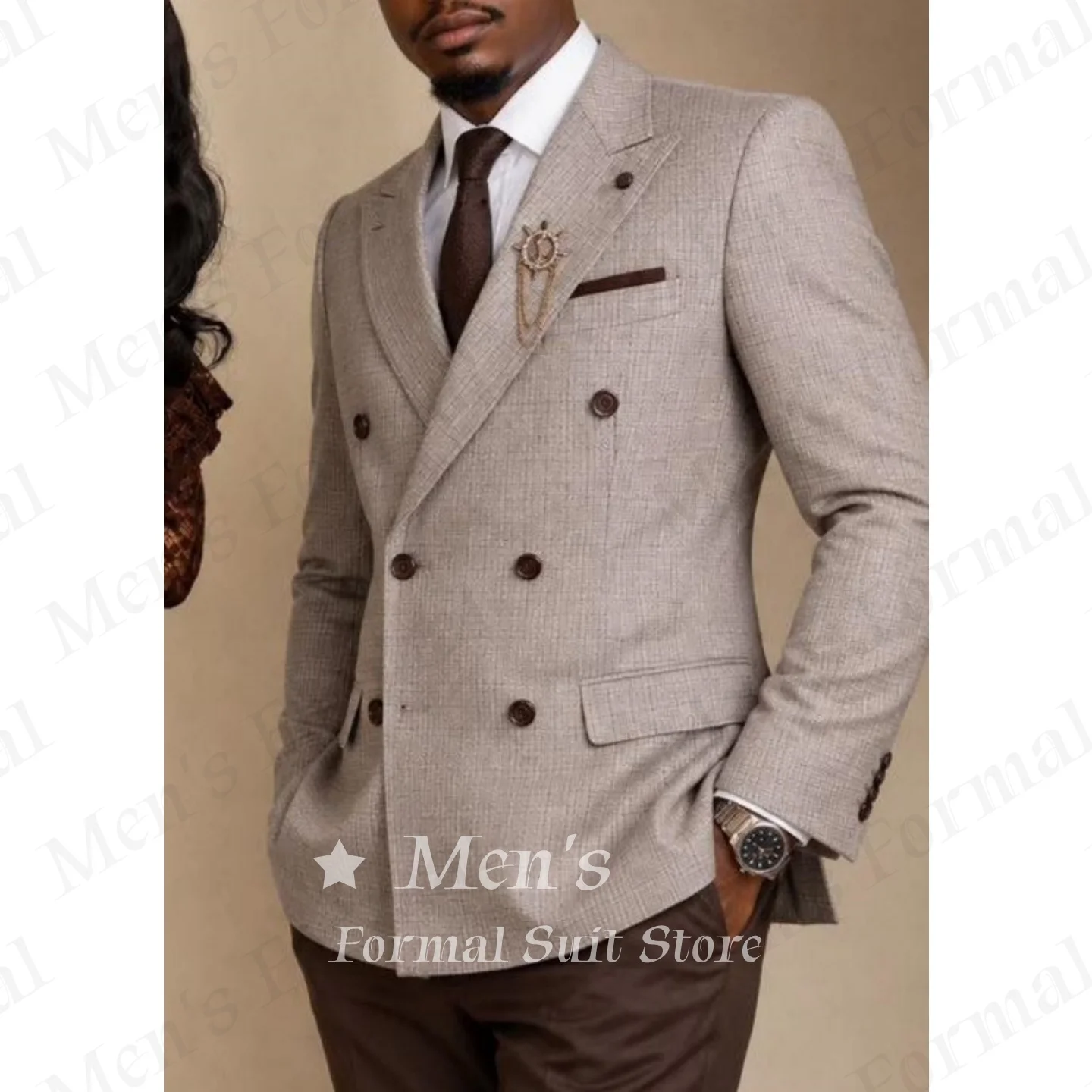2 Piece Suit Brown Pants Set Slim Fit Khaki Tiny Check Notch Lapel Blazer  Business Streetwear Office Prom Wedding Customized