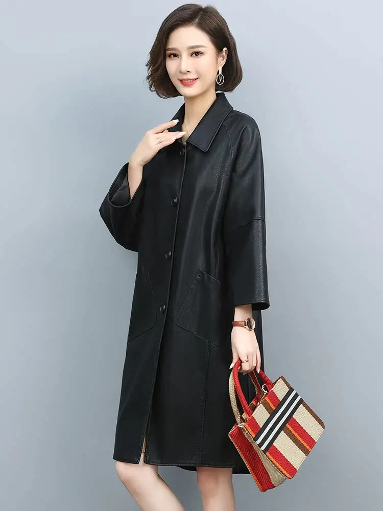 

Autumn Winter Women's Long Sheepskin Leather Jacket Korean Style Loose Fit Fashion Outerwear Trendy Commute Style Coat