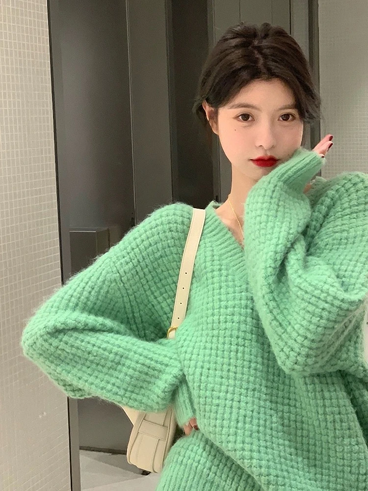 

Осень-зима женский свободный вязаный свитер V-Ne теплый милый дизайн повседневный длинный свек полная длина удобный крой свит...