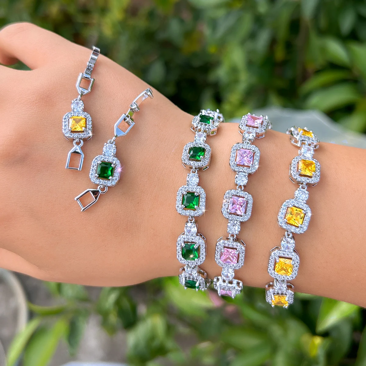 BeaQueen Geometric Pink Yellow Green CZ Crystal Square Tennis Bracelet for Women Trendy Party Wedding Jewelry Accessories S0284
