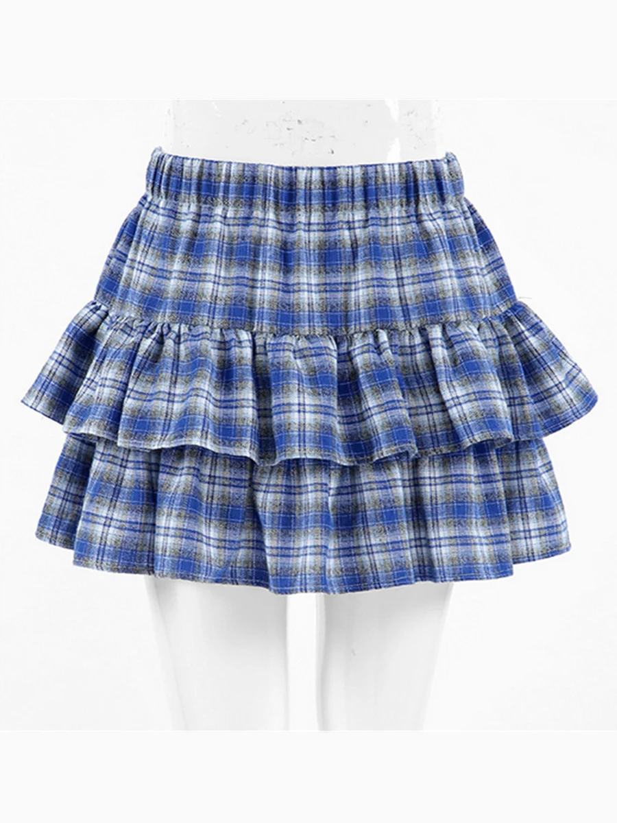 Women Mini A-Line Skirt Cute Summer Plaid Print Ruffled Layered Puffy Short Skirts for Beach Vacation Club Streetwear Kawaii Y2K