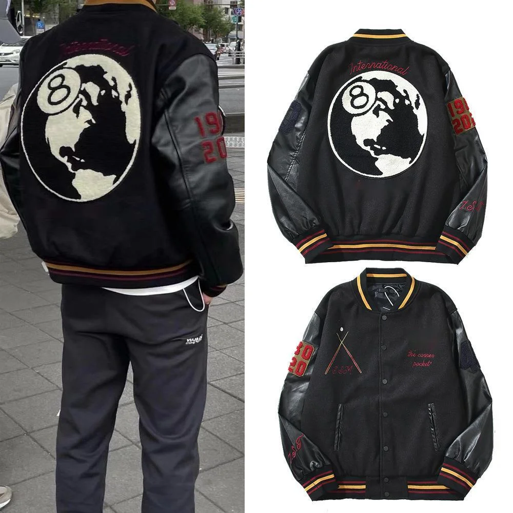 2023 Hip Hop Black 8 Ball Jacket Coat Y2k High Street Luxury Jacket Embroidery Letter Pattern Design Coat Streetwear Outerwear