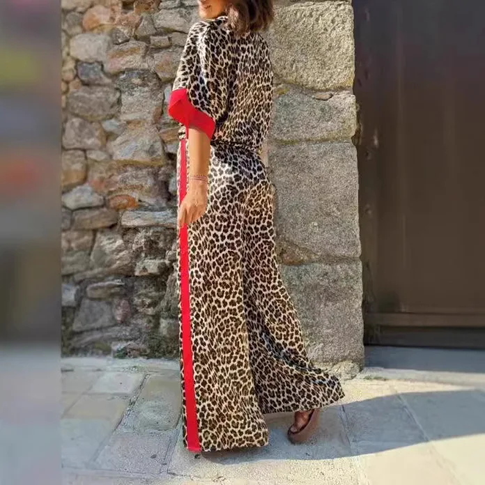 Casual Leopard Print Suit For Women Spring Fashion Contrasting Patchwork Half Sleeved Shirt Elastic Waist Trousers 2 Piece Set