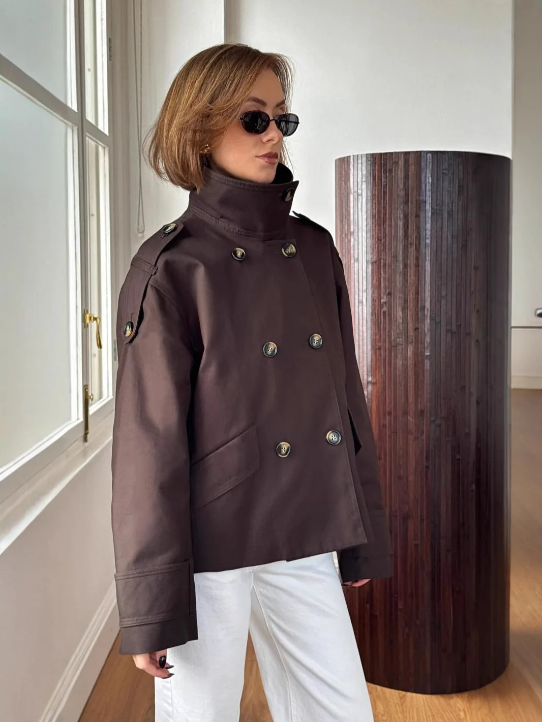 

Solid Color Trench Coat Women Double Breasted Jacket Woman Stand Collar Pocket 2025 Autumn Casual Loose Outerwears Lady