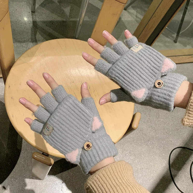 Winter Fingerless Glove for Kid Children Cat Ear Warm Plush Knitted Convertible Flip Top Glove Women Sweet Cute Hand Warm Mitten