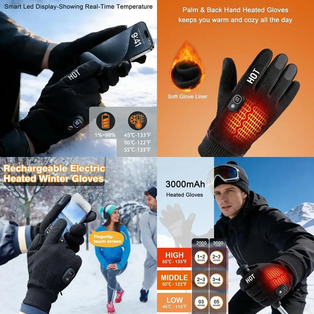 

Перезаряжаемые перчатки с подогревом для женщин и мужчин, электрические зимние рабочие перчатки с сенсорным экраном, тонкие флисовые перчатки для холодной погоды, встроенный дисплей, уличные лыжи