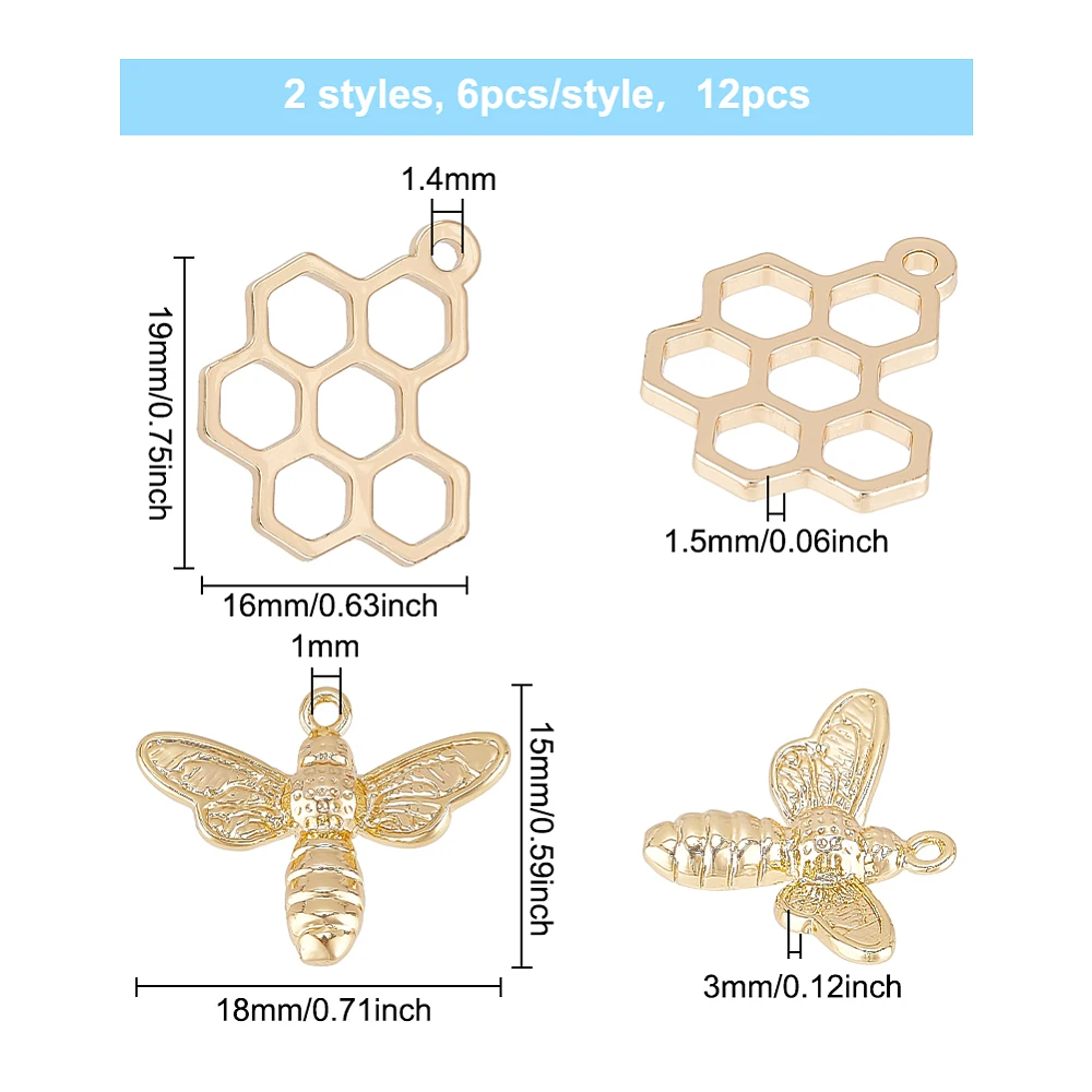 12PCS 18K Gold Plated Bee Charms Pendant 2 Styles Bee Honeycomb Charms for Earrings Bracelet Necklace Jewelry Making Crafts