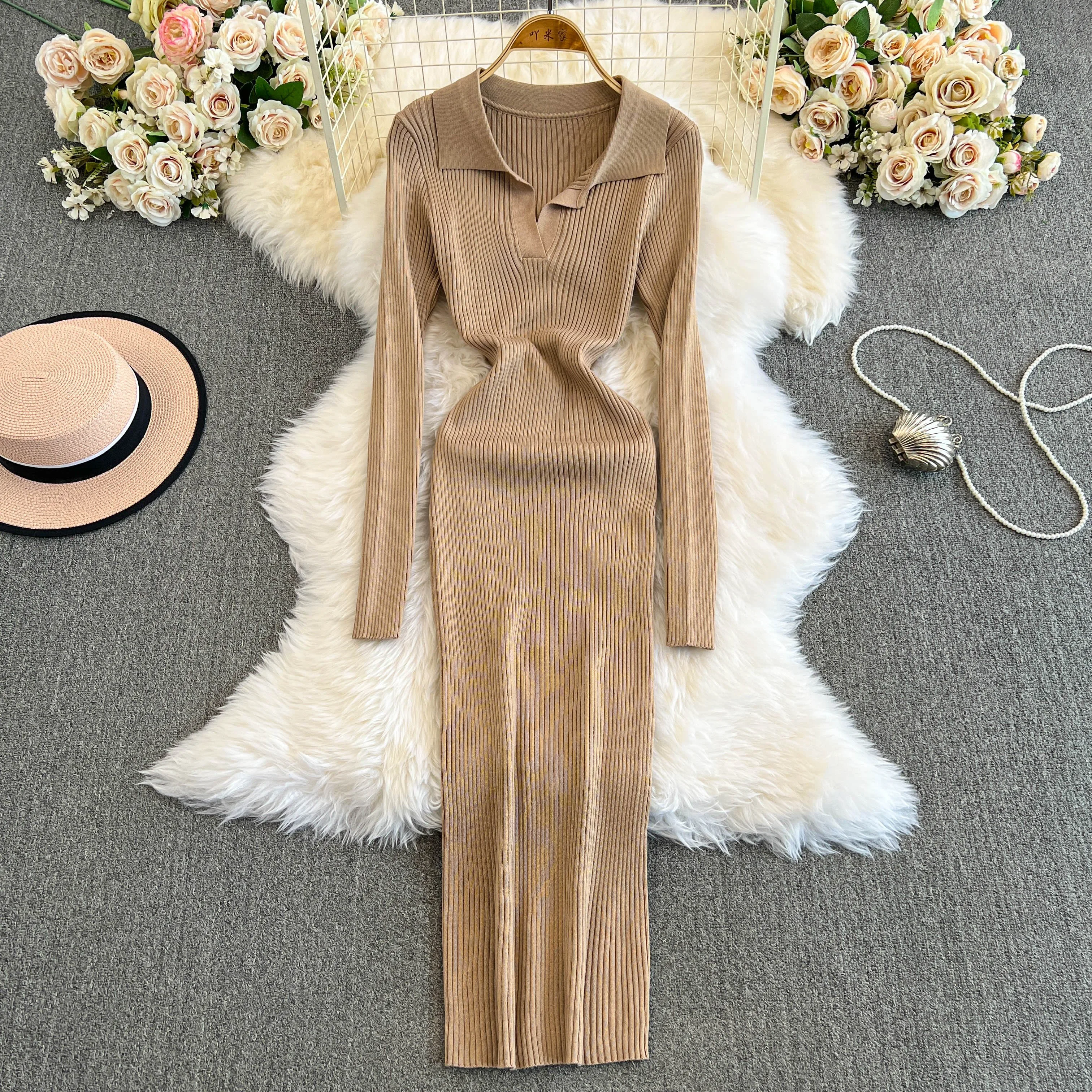 Retro v neck knit Autumn Winter Elegant summer Dress A-line lool Sleeve Vacation basics Women Vestidos dresses