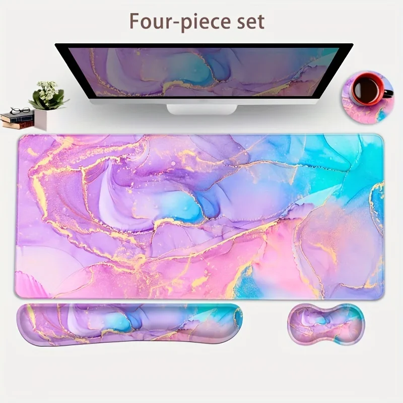 

4pc Purple Marble Gaming Desk Mat Set - Supreme Wrist Support, Ergonomic Keyboard & Mouse Pad, Non-Slip, Extra Large for Home Of