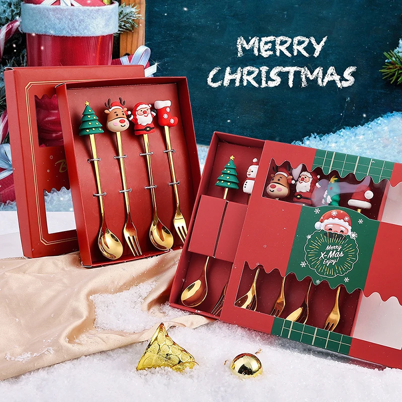 2/4/6Pcs Christmas Fork Spoon Set Stainless Steel Creative Tableware Coffee Tea Dessert Gift Kit