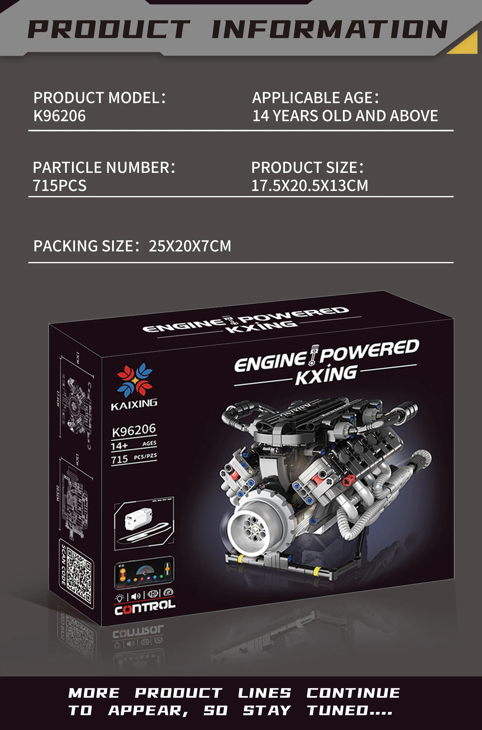 K96206 715PCS V8 Engine Model Building Kit Programmable MOC with LED Lights APP Control STEM Educational Toy for Kids Adults