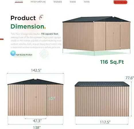 12' x 10' Metal Storage Shed for Ourdoor Extra Large Steel Yard Shed (116 Sq.Ft Land) with Design of Lockable Doors Utility